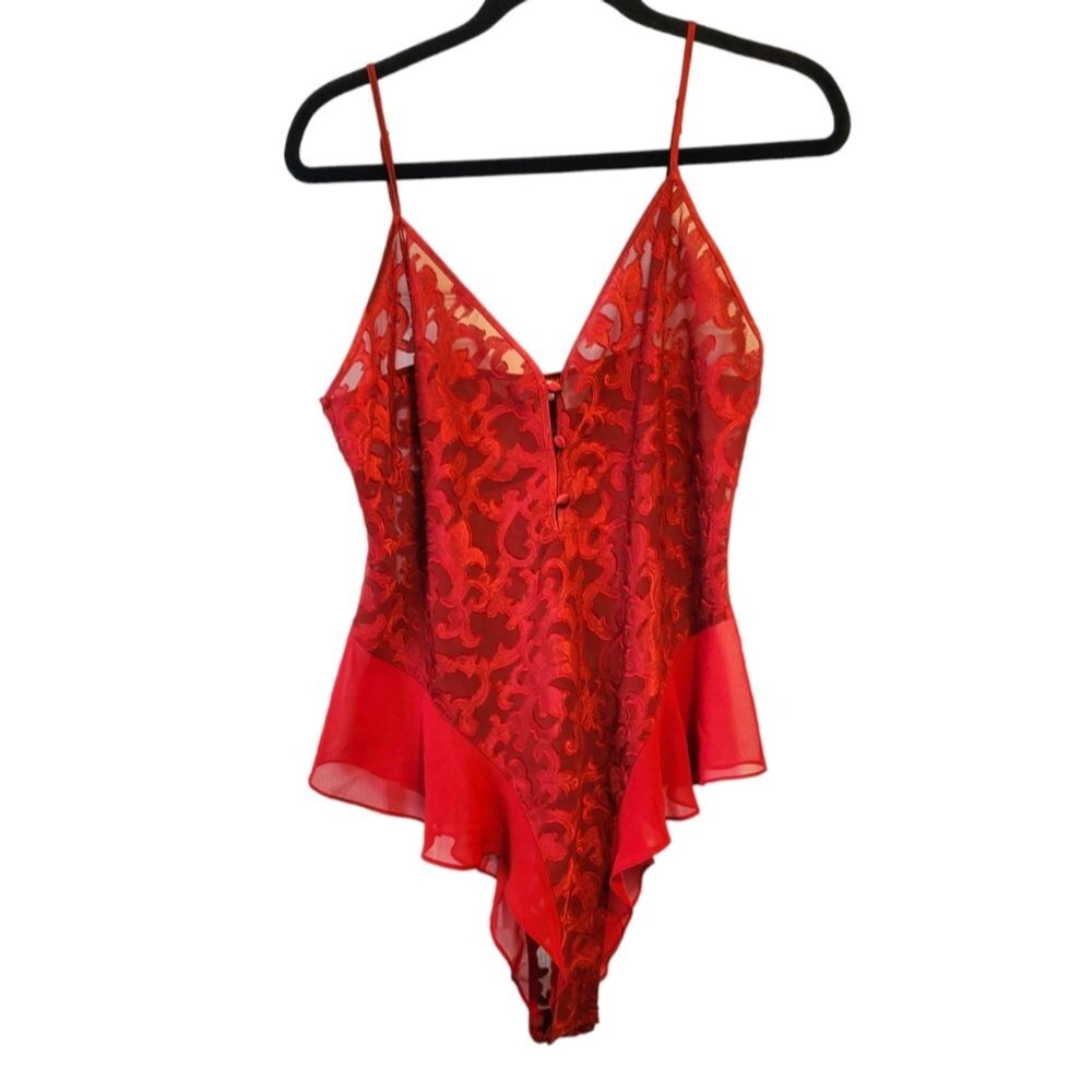 Cacique Vintage Red Floral Lace Ruffle Bodysuit Teddy Size Large